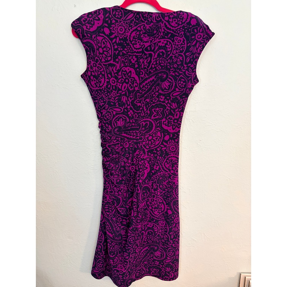 Chaps Purple Paisley Faux Wrap Dress S Cap Sleeve Stretch Autumn Wedding Guest - Picture 3 of 11